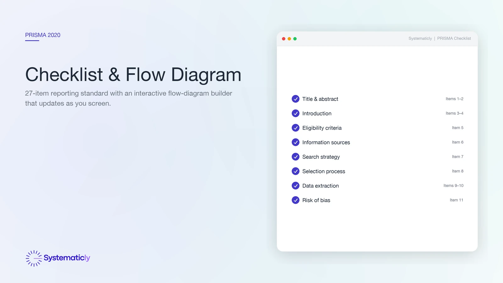 PRISMA 2020 reporting checklist: eight of twenty-seven items from title to synthesis methods